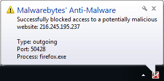 Popup Notification that Malwarebytes Has Blocked an IP Address