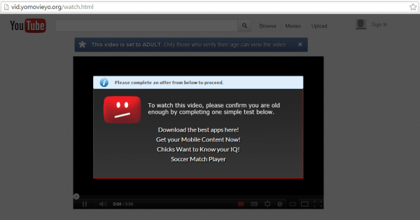 Supposed "adult" video overlaid with a survey scam
