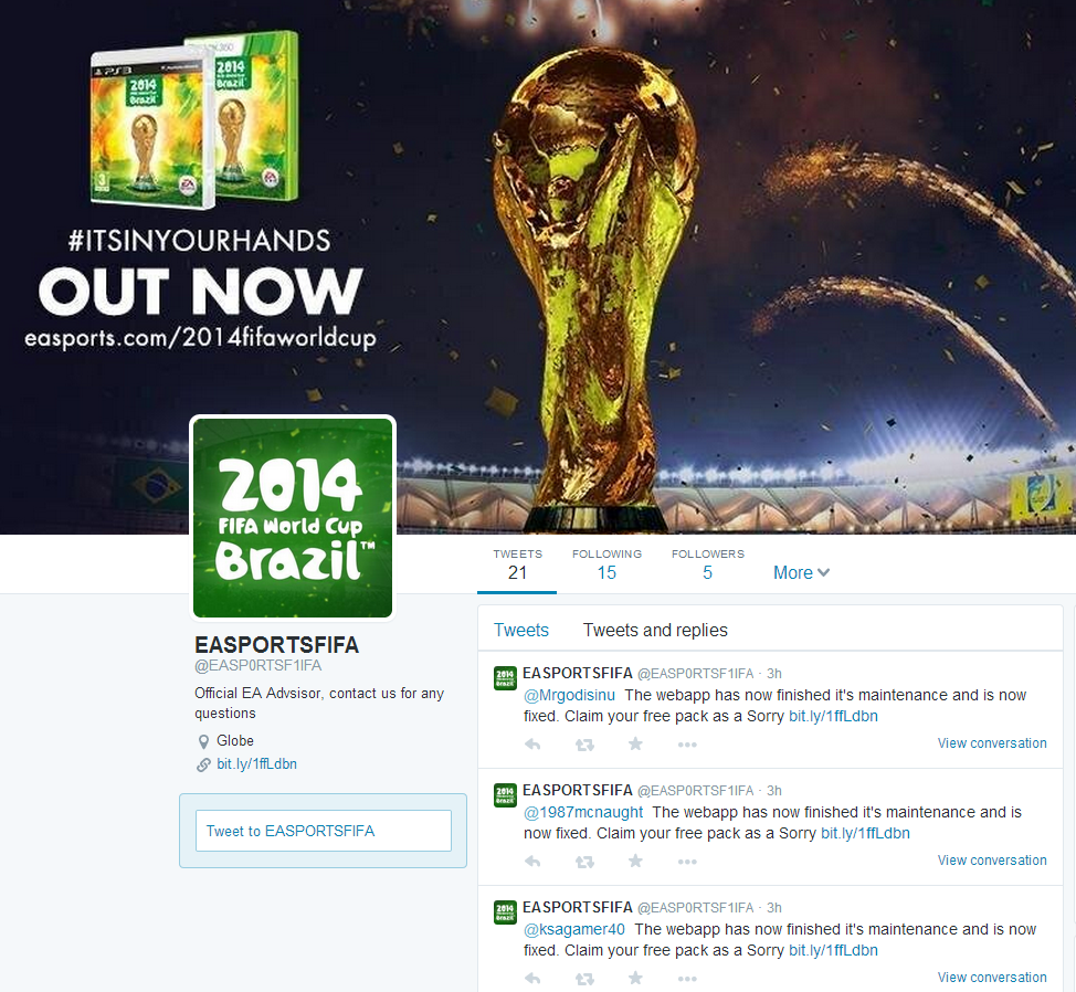 Screenshot of the new fake FIFA World Cup 2014 Twitter Account