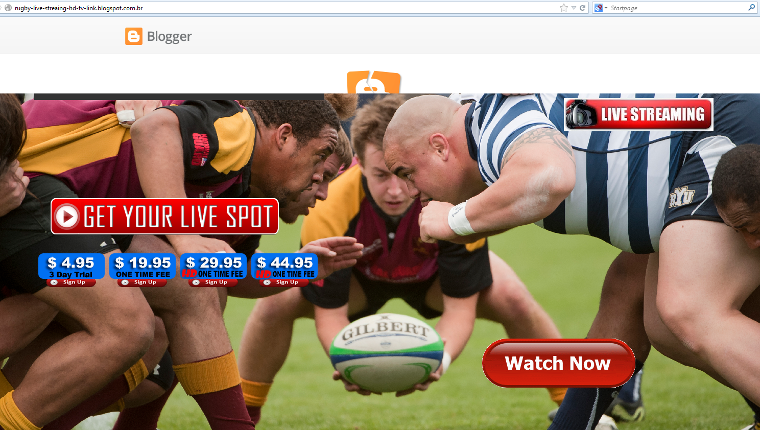 Rugby streaming page hosted on Blogger
