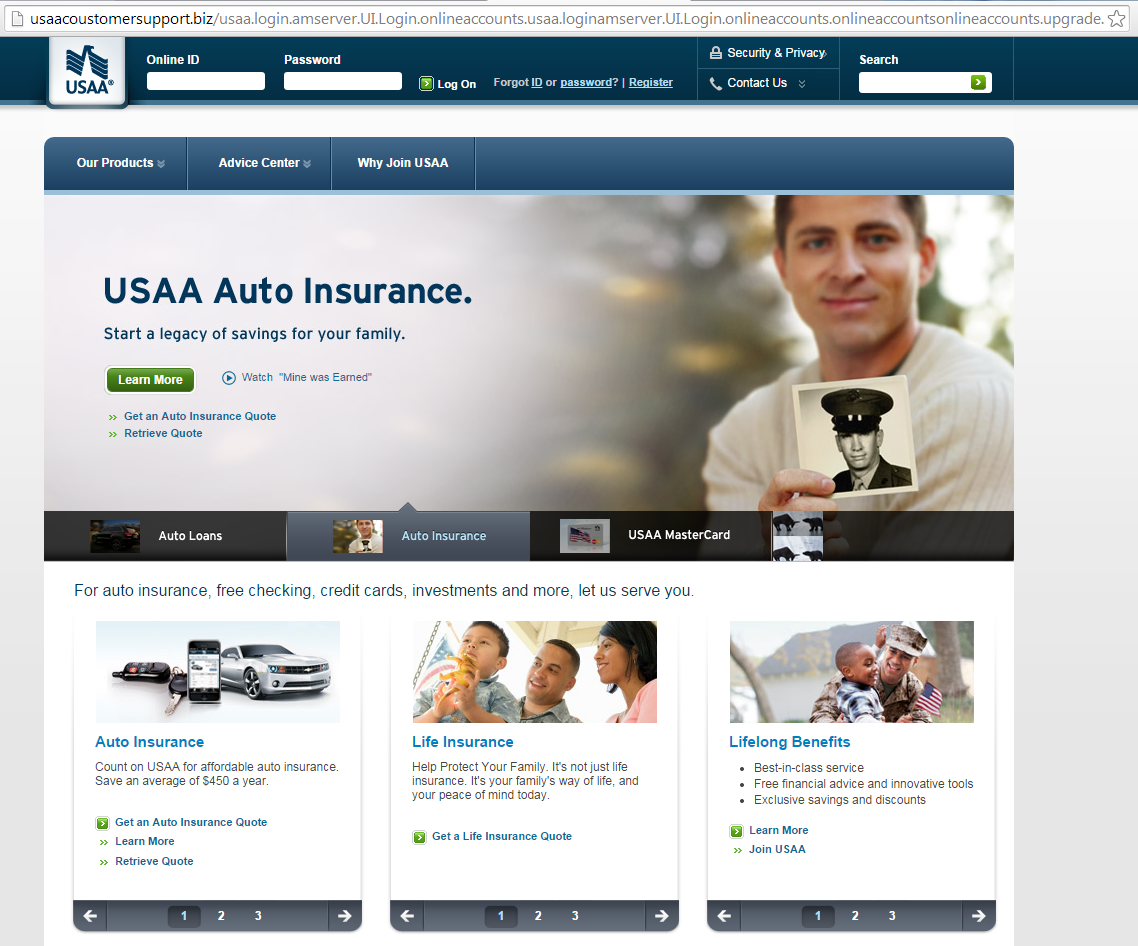 Default page of fake USAA site