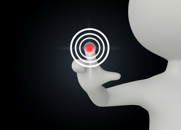 3d humanoid character push a button on a black background