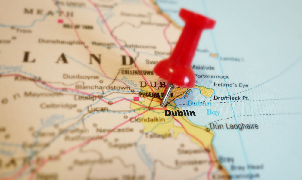 closeup of a red tack in Dublin Ireland map