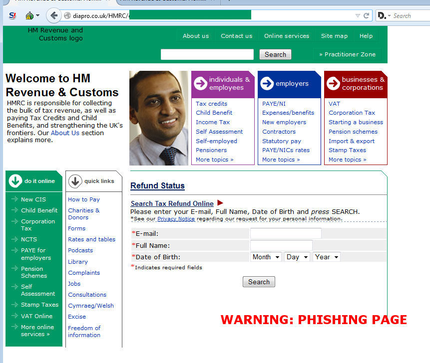 Fake HMRC website