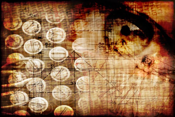 Concept of technology secret with grunge feeling and vitruvian man