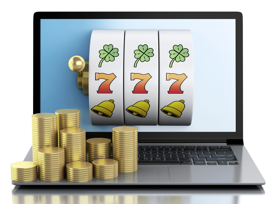 3d render illustration. Laptop with slot machine and gold coins. Casino online games concept. Isolated white background