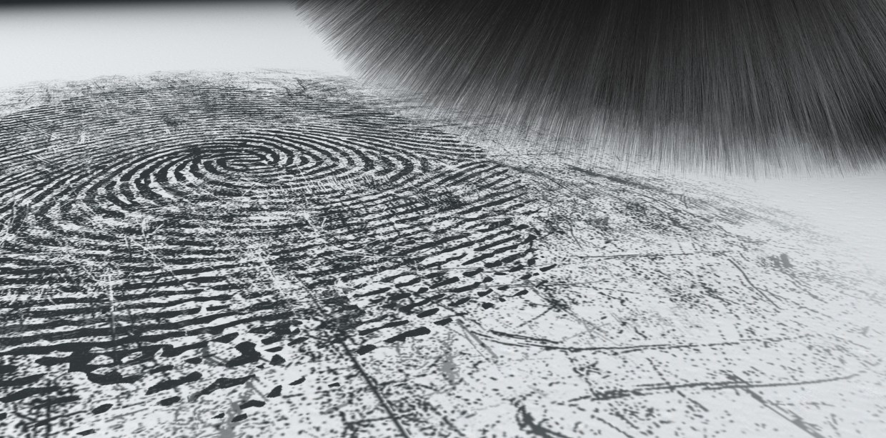 A crime scene brush dusting black talcum powder revealing and a fingerprint mark on an isolated white background
