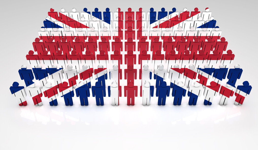 Parade of 3d people forming a top view of British flag. With copyspace.