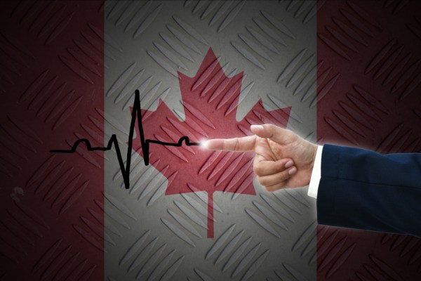 business hand selecting business icon on old Canada flag background.