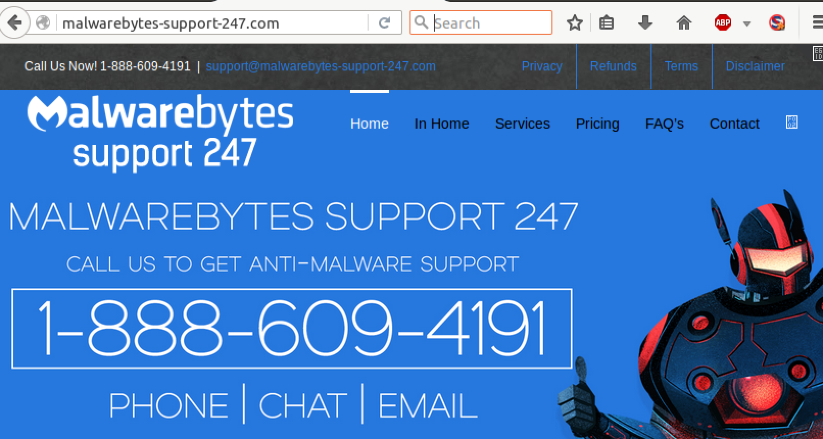A fake Malwarebytes support website
