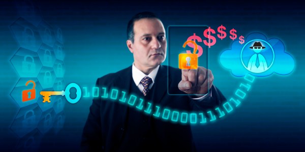 Businessman is unlocking a virtual lock via touch on his mobile to send ransom payment to a black hat hacker in the cloud, thus obtaining a decryption key. Security concept for encrypting ransomware.