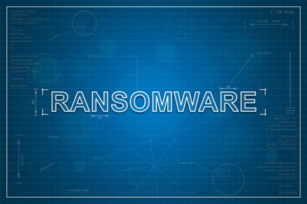 ransomware on paper blueprint background, technology concept