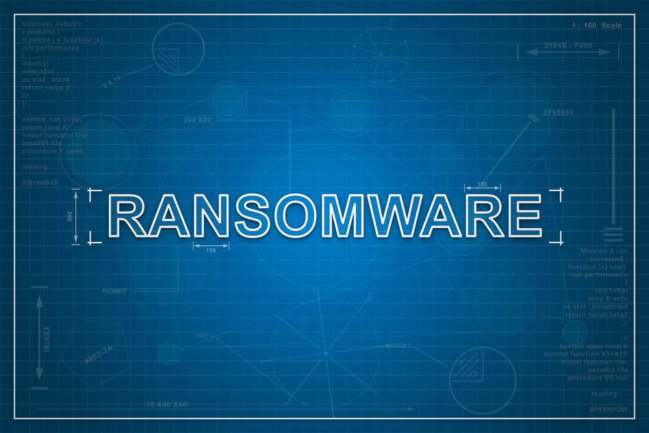 ransomware on paper blueprint background, technology concept