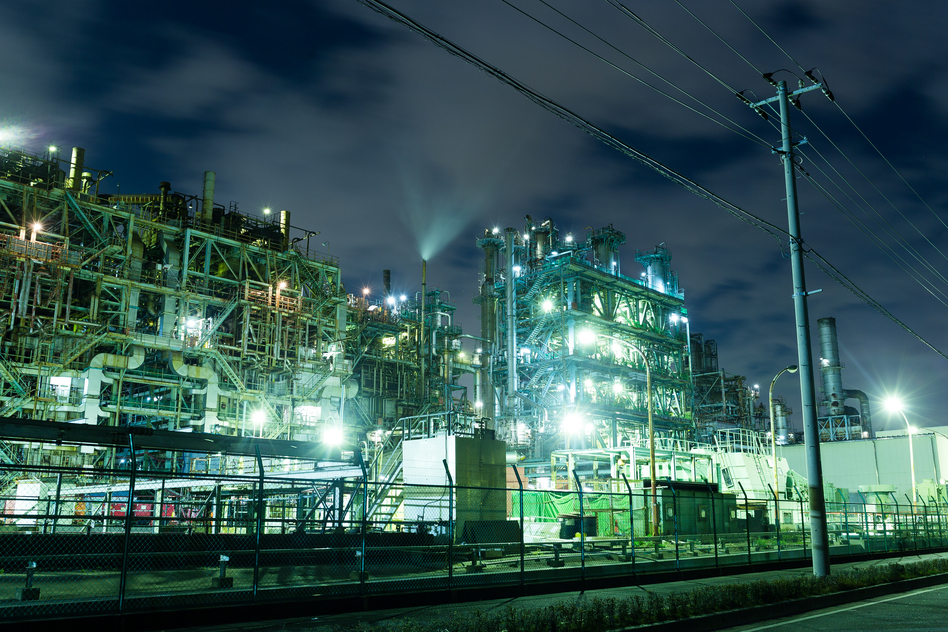 Oil refinery petrochemical industrial at night