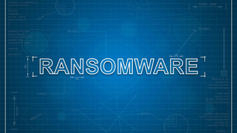 ransomware on paper blueprint background, technology concept