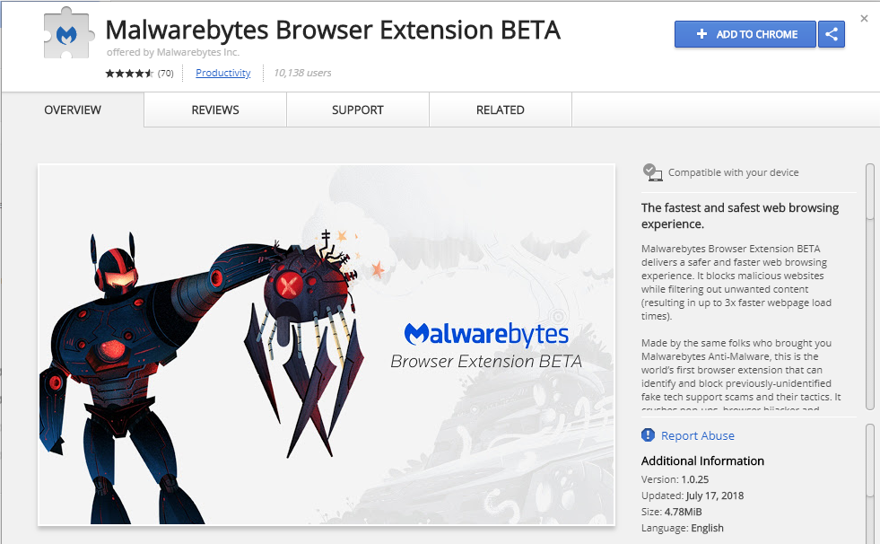 Malwarebytes Browser Extensions in the webstore