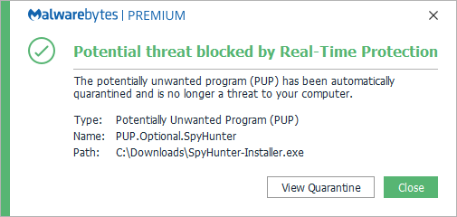 Malwarebytes blocks PUP.Optional.SpyHunter