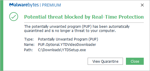 Malwarebytes blocks PUP.Optional.YTDVideoDownloader
