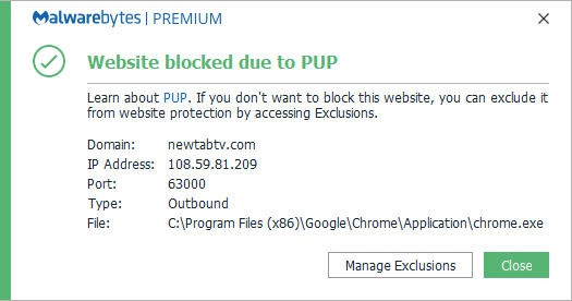 Malwarebytes blocks newtabtv.com