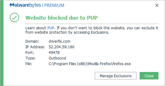 Malwarebytes blocks driverfix.com