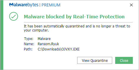Malwarebytes blocks Ransom.Ryuk