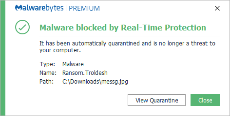 Malwarebytes blocks Ransom.Troldesh