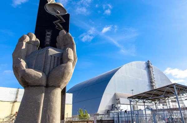 The monument to the victims of the Chernobyl disaster stands in front of the