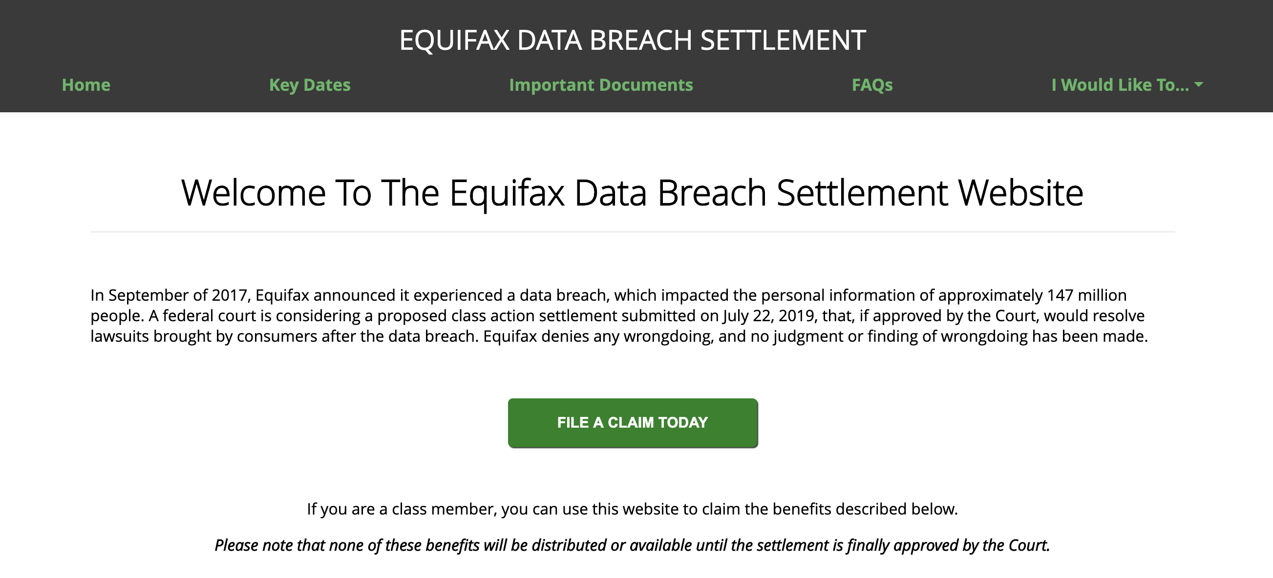 Screen capture of Equifax's data breach settlement website