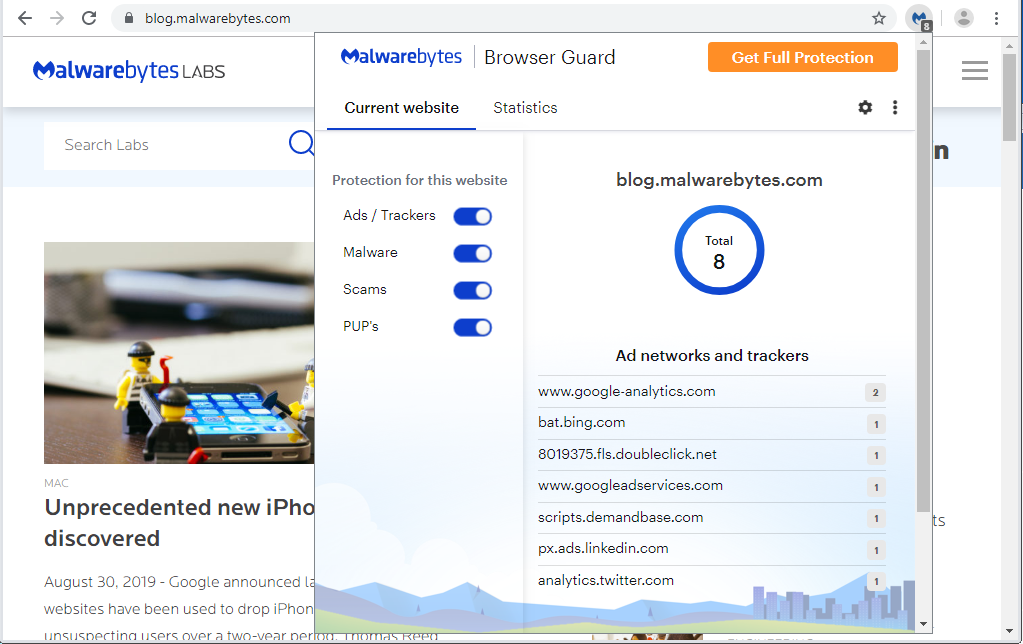 Browser Guard blocks trackers on own site