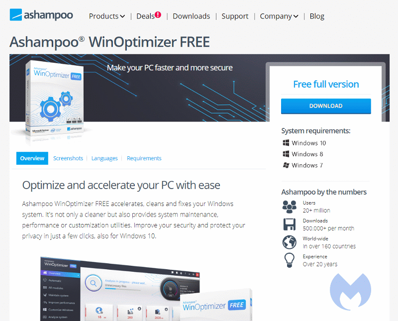 Ashampoo.com website for WinOptimizer