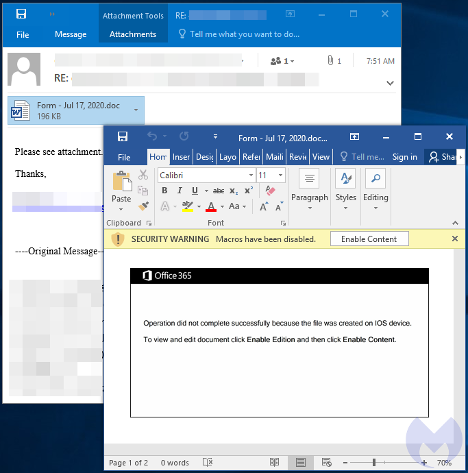 Emotet malicious emails with document attachment