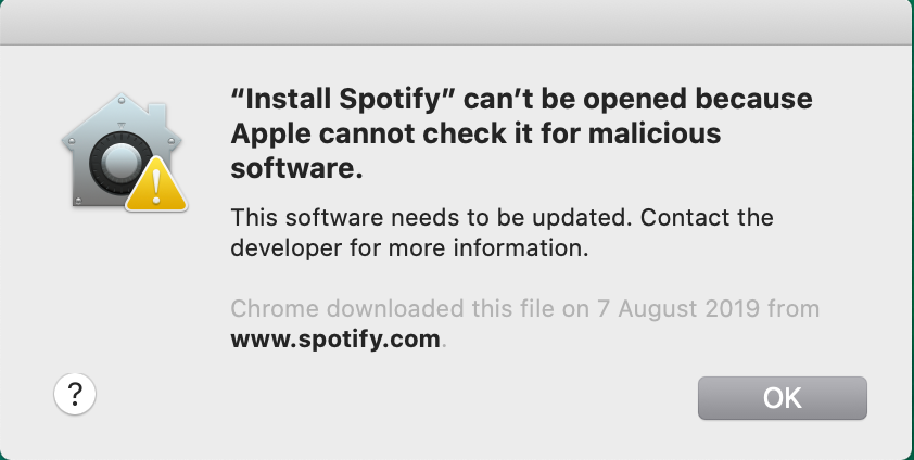The message displayed by Catalina for older versions of Spotify