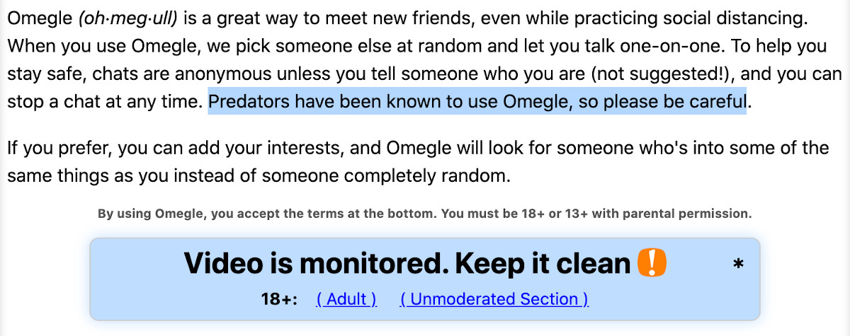 Warning from Omegle home page