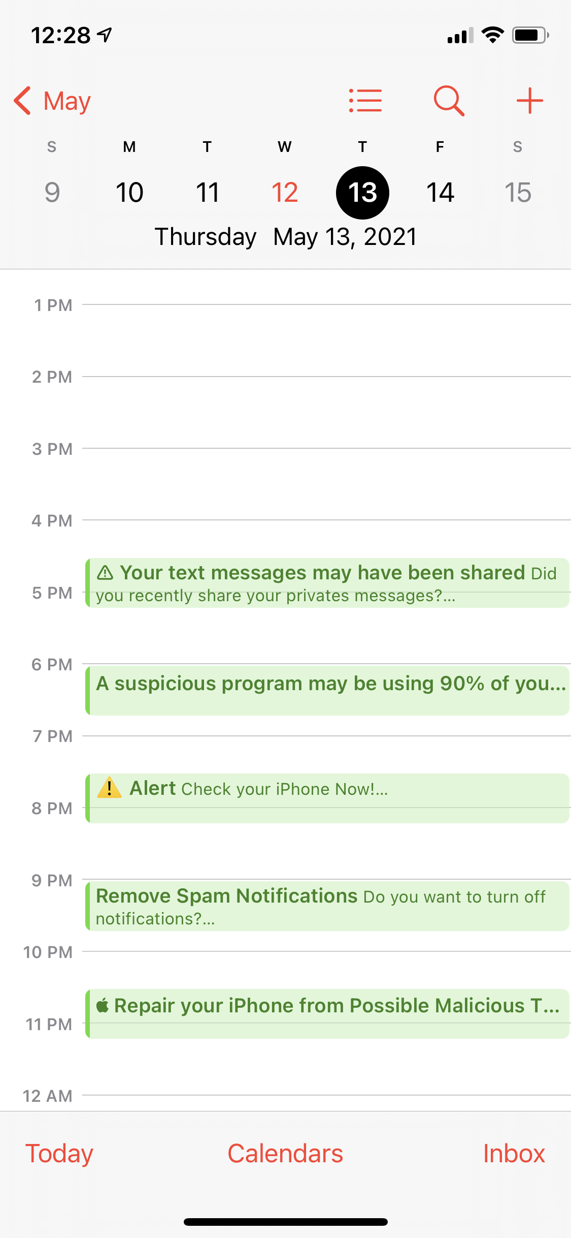 iOS Calendar app showing spam events