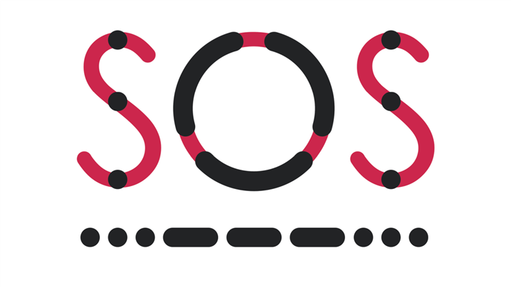 letters SOS stylized with Mores code