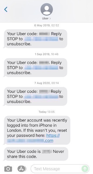 Uber phish SMS message
