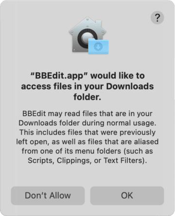 macOS asks if BBEdit can have access to the Downloads folder