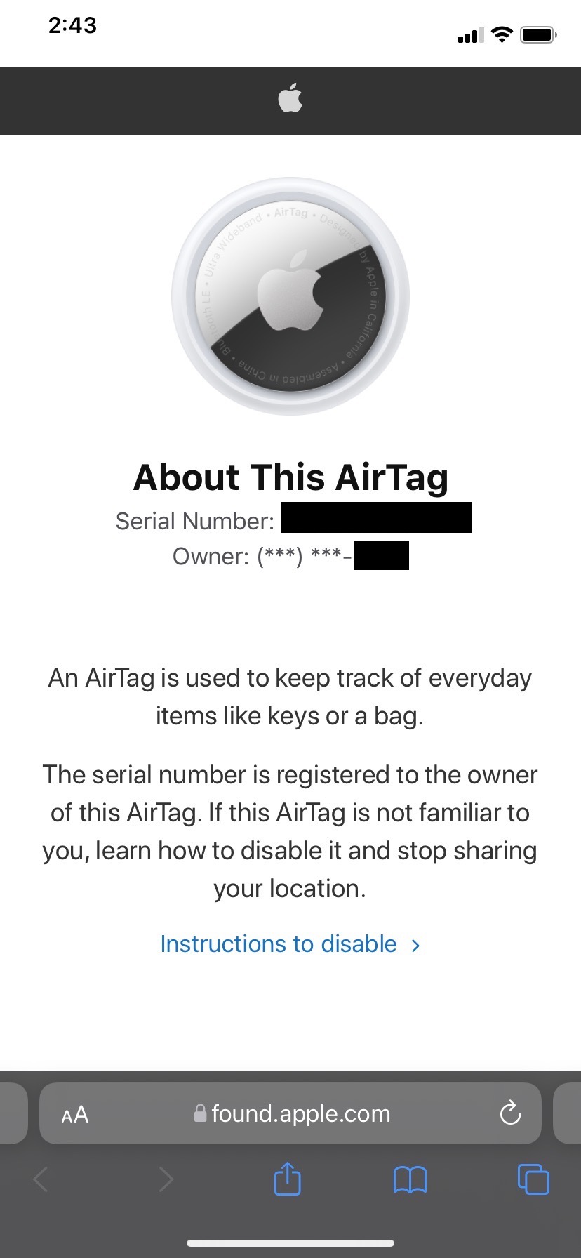About This AirTag page open in Safari