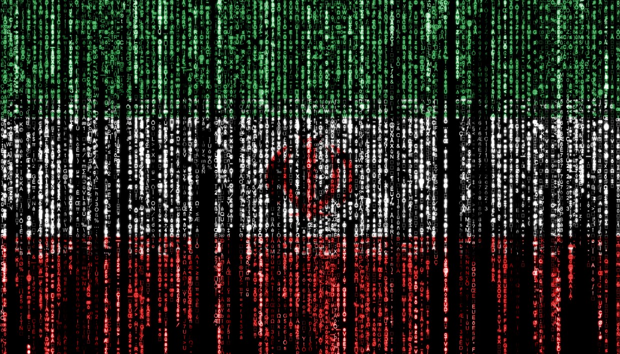 Flag of Iran on a computer binary codes falling from the top and fading away.