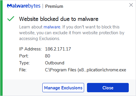 Malwarebytes blocks the IP 186.1.171.17
