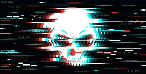Design element for web pages, print assets, advertising, branding, shares, promotion. Distorted skull illustration over the glitch art background. Vector illustration.