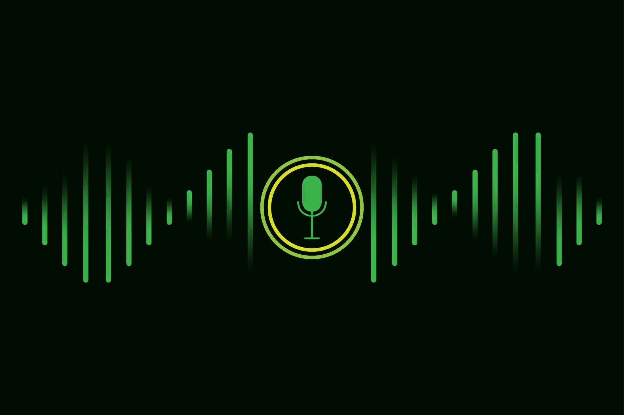 Microphone podcast icon. Green waves. Black background. Audio communication concept. Vector illustration. Stock image. EPS 10.