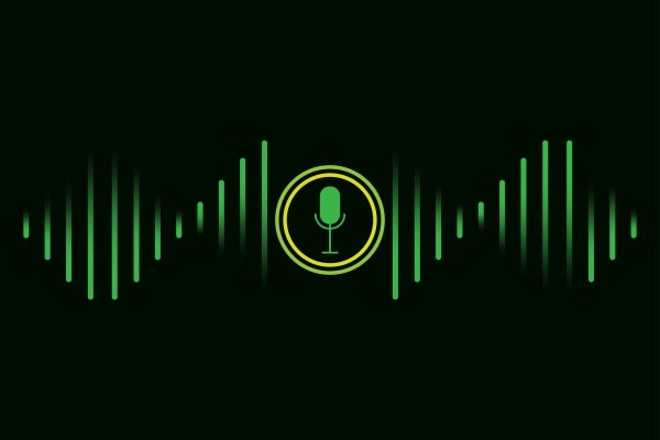 Microphone podcast icon. Green waves. Black background. Audio communication concept. Vector illustration. Stock image. EPS 10.