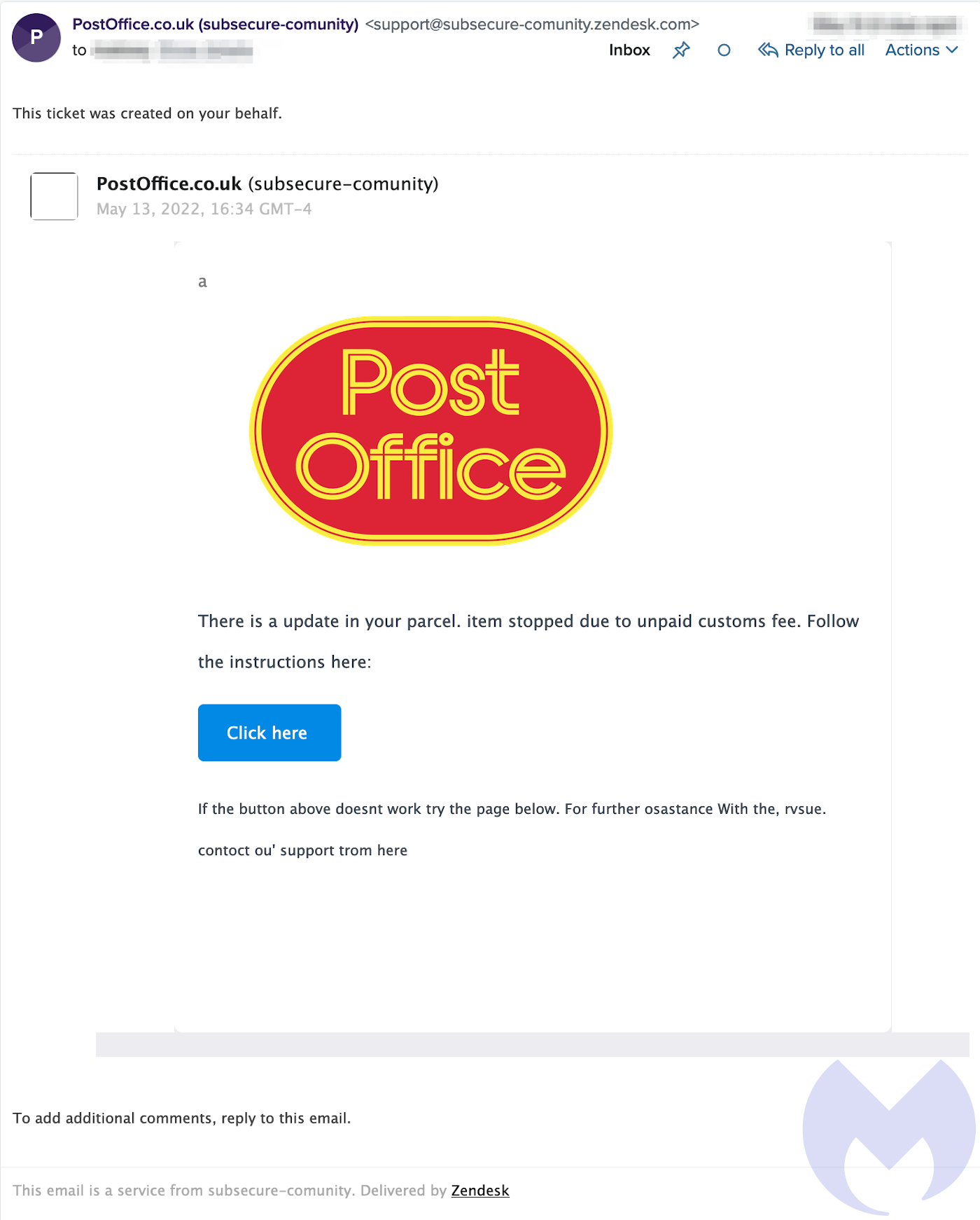 A scam email posing as a message from the Post Office