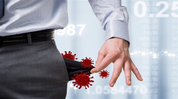 Businessman with empty pocket and coronavirus molecules. Recession concept.