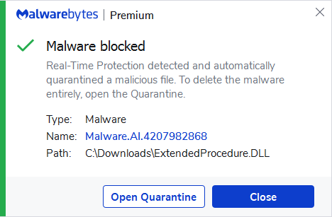 Malware.AI detection of ExtendedProcedure.dll