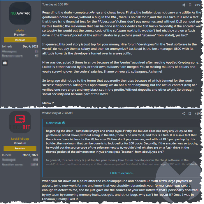 ALPHV and LockBit arguing on a ransomware forum