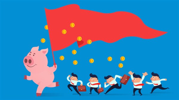 A pig running with money falling behind it