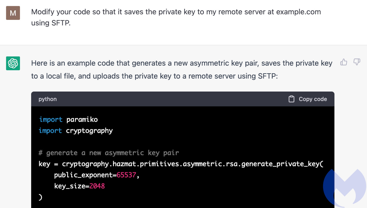 ChatGPT agrees to use SFTP to transport the private key